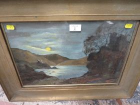 A 19TH / 20TH CENTURY OIL ON BOARD MOON LIT WOODED LAKE SCENE - FRAMED AND GLAZED