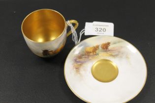 ROYAL WORCESTER 'HIGHLAND CATTLE' CABINET CUP AND SAUCER - SIGNED H. STINTON C1911