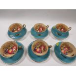 SIX AYNSLEY 'ORCHARD GOLD' CABINET CUPS AND SAUCERS - LIGHT BLUE - SIGNED