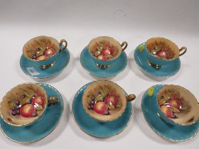 SIX AYNSLEY 'ORCHARD GOLD' CABINET CUPS AND SAUCERS - LIGHT BLUE - SIGNED