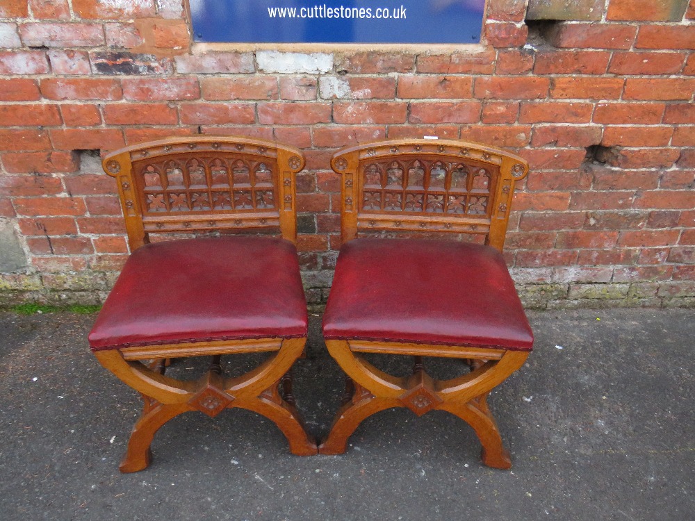 A HEAVY PAIR OF ECCLESIASTICAL OAK CARVED CHURCH STOOLS - 'ST MARYS ABBEY'