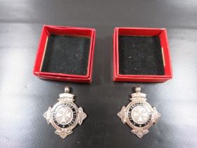 TWO HALLMARKED SILVER AND ENAMEL ST. JOHN AMBULANCE WATCH CHAIN FOBS