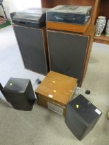 A SELECTION OF AUDIO EQUIPMENT TO INCLUDE FLOOR STANDING SPEAKERS, TURNTABLES REEL TO REEL ETC (
