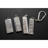 FOUR ASSORTED HALLMARKED SILVER PENDANTS ETC IN THE FORM OF SILVER INGOTS (APPROX OVERALL WEIGHT 112