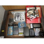 A TRAY OF COLLECTABLE'S TO INCLUDE VINTAGE CALCULATORS, WRIST WATCH, POCKET WATCH ETC