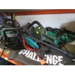 A SELECTION OF ELECTRICAL GARDEN TOOLS TO INCLUDE A PRESSURE WASHER, HEDGE TRIMMERS AND A LEAF