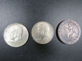 TWO 1967 HALF DOLLARS AND A 1797 CARTWHEEL HALFPENNY