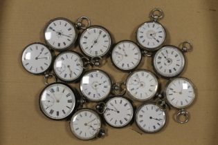 A TRAY OF 14 VARIOUS SILVER CASED POCKET WATCHES