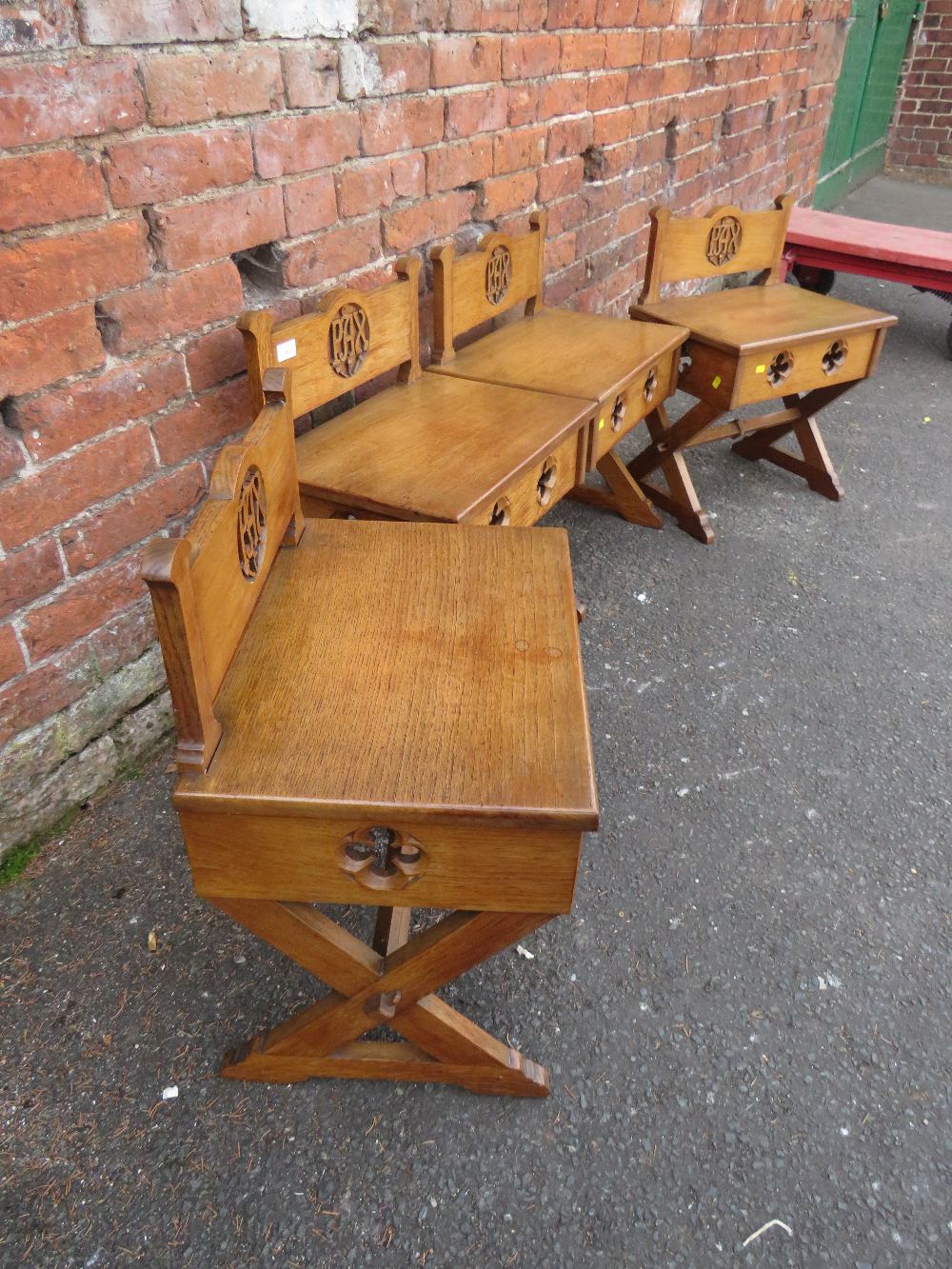 A SET OF FOUR ECCLESIASTICAL OAK CARVED CHURCH STOOLS - 'ST MARYS ABBEY' - Image 4 of 4