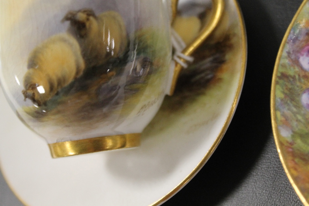 A PAIR OF ROYAL WORCESTER CABINET CUPS AND SAUCERS INCLUDING SHEEP AND FRUIT - Image 2 of 3