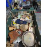 TWO TRAYS OF COLLECTABLE'S TO INCLUDE VINTAGE TROPHIES, MEMORABILIA ETC