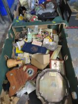 TWO TRAYS OF COLLECTABLE'S TO INCLUDE VINTAGE TROPHIES, MEMORABILIA ETC