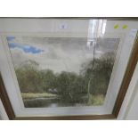 A LARGE SIGNED WATERCOLOUR PAINTING OF BIRDS IN WATERSIDE WOODLAND