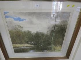A LARGE SIGNED WATERCOLOUR PAINTING OF BIRDS IN WATERSIDE WOODLAND