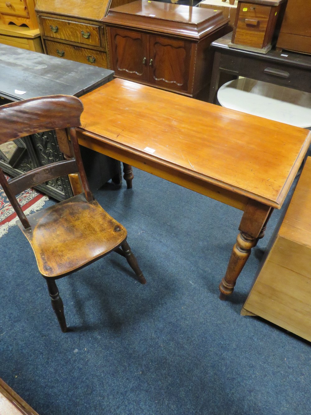 A 19TH CENTURY MAHOGANY SIDE TABLE WITH A CHAIR