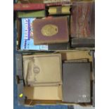 TWO TRAYS OF ANTIQUE BOOKS ETC TO THE INCLUDE THE WORLDS GREATEST PAINTINGS