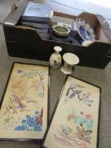 A TRAY OF WEDGWOOD TO INCLUDE JASPERWARE, WITH AN ADAM'S CRACKER BARREL, TWO EMBROIDERY STYLE PANELS