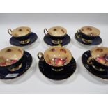 SIX AYNSLEY 'ORCHARD GOLD' CABINET CUPS AND SAUCERS - DARK BLUE - SIGNED