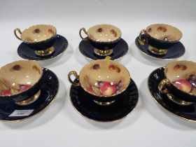 SIX AYNSLEY 'ORCHARD GOLD' CABINET CUPS AND SAUCERS - DARK BLUE - SIGNED