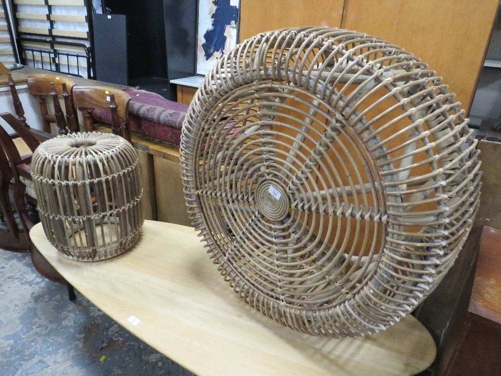 A MODERN WICKER LOBSTER POT STYLE TABLE AND STOOL (2)