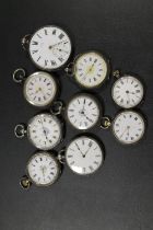 EIGHT VARIOUS SILVER CASED POCKET WATCHES AND ONE WHITE METAL CASED POCKET WATCH