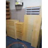 THREE BEECH MODERN CHESTS AND BED FRAME