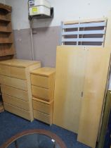 THREE BEECH MODERN CHESTS AND BED FRAME