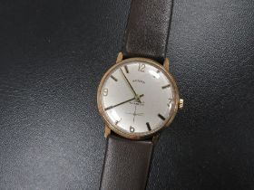 A VINTAGE 9 CARAT GOLD SHIELD INCA BLOCK WRIST WATCH WITH PRESENTATION TO BACK DUST COVER