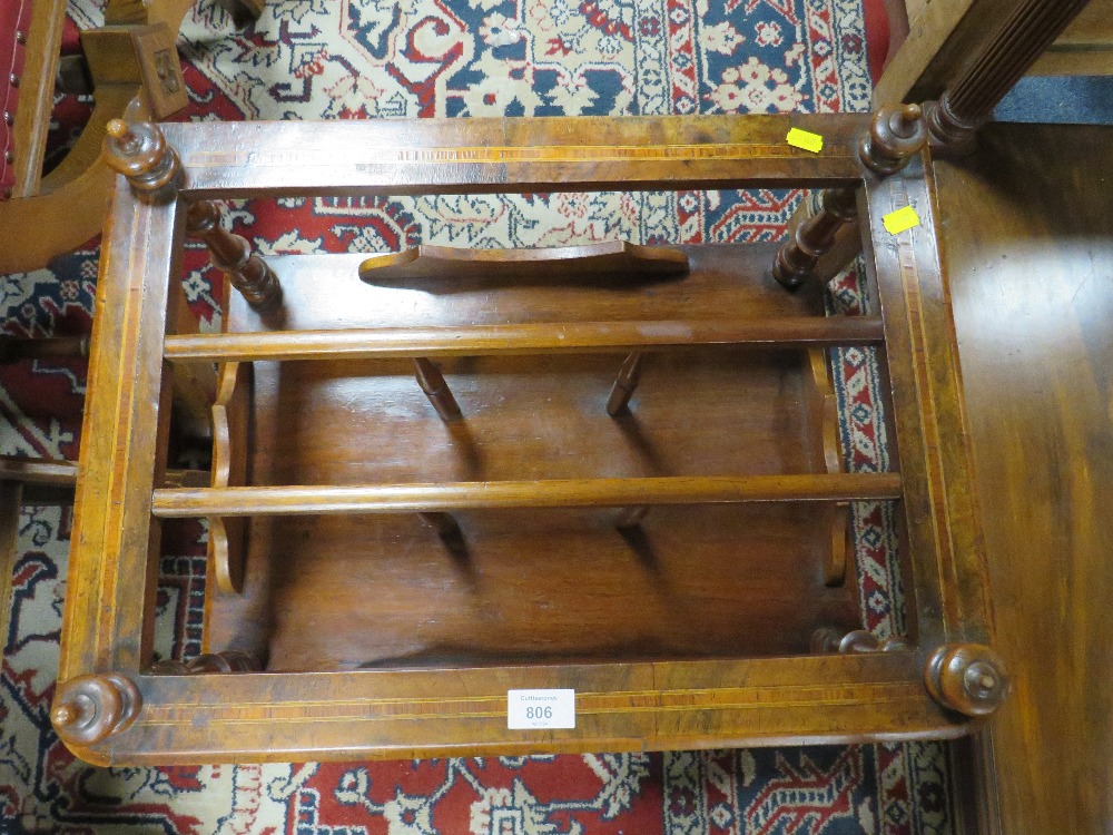 A 19TH CENTURY WALNUT AND INLAID CANTERBURY WITH DRAWER, RAISED ON CASTORS - W 56 CM - Image 3 of 3