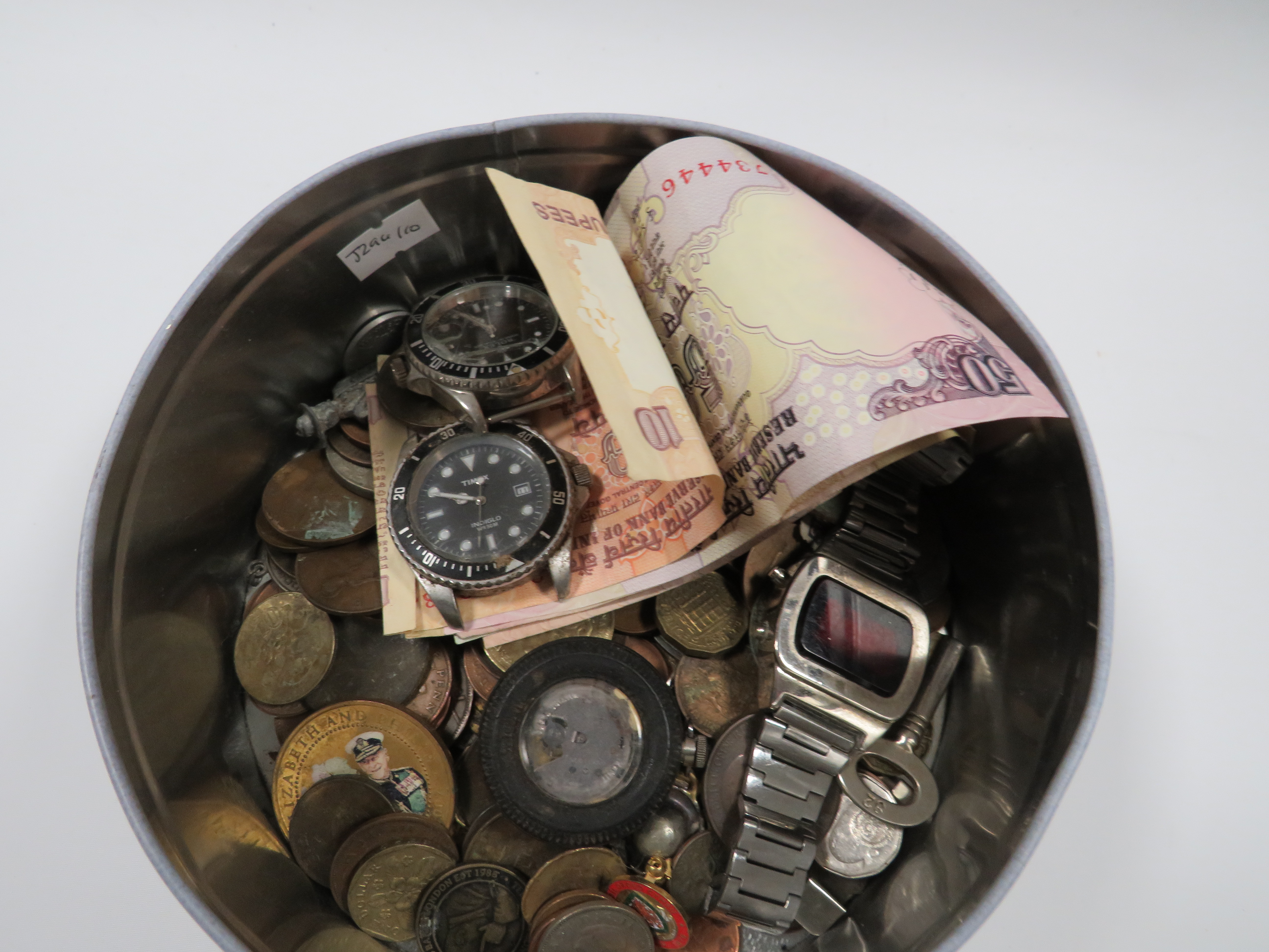 A TIN OF COINS, NOTES, WATCHES ETC - Image 2 of 5