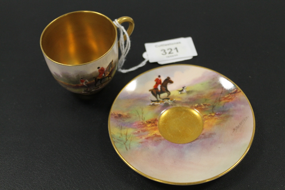 ROYAL WORCESTER 'HORSE AND HOUND' CABINET CUP AND SAUCER - SIGNED J. STANLEY C1928