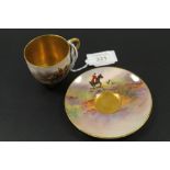 ROYAL WORCESTER 'HORSE AND HOUND' CABINET CUP AND SAUCER - SIGNED J. STANLEY C1928