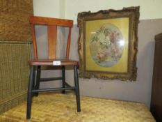 A small child’s chair and a gilt framed floral needle work (2)