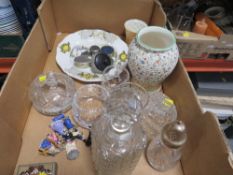 A tray of ceramics and glass etc to include a decanter and a floral vase