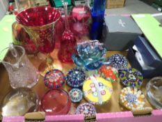 A tray of assorted glass ware to include a boxed Waterford crystal paperweight etc