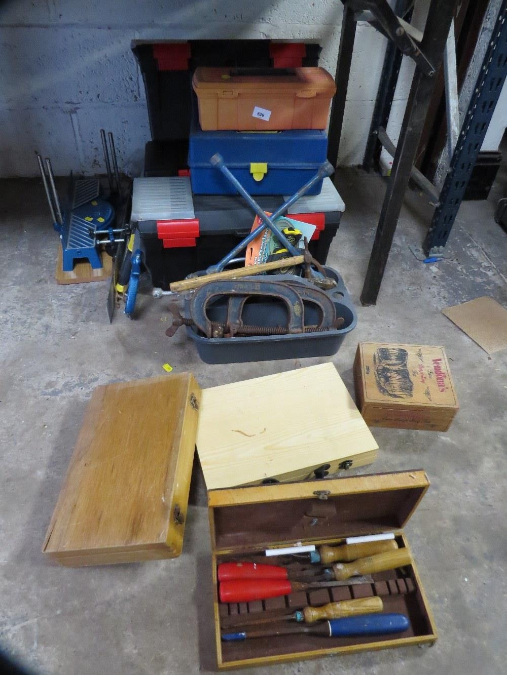 A seletion of tool boxes and contents to include record G-cramps
