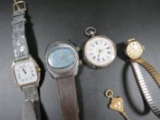 A collection of wrist and pocket watches to include a silver fob watch with inlaid detail