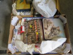 Three trays of assorted post cards, stamps and cigarette cards