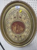 A antique silk panel in a oval gilt frame