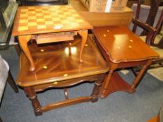 A small Jacques of London chess table with modern pieces together with two small occasional tables