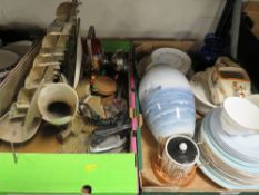 Two trays of ceramics and sundries to include a Royal Copenhagen ocean scene vase