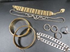 Two vintage gold plated bangles together with silver flat linked bracelet approx. weight 38g and