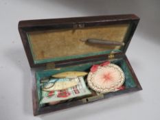 A VICTORIAN ROSEWOOD SEWING BOX WITH ACCESSORIES