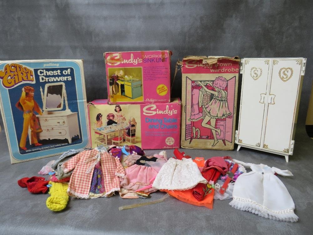 BOXED VINTAGE SINDY TOYS. to include wardrobe, table & chairs and working sink unit, together with a