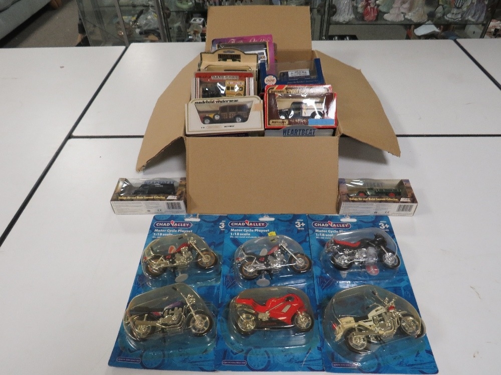 THREE CARDED CHAD VALLEY 1:18 SCALE MOTORCYCLE TWIN SETS, together with twenty three Lledo / Days