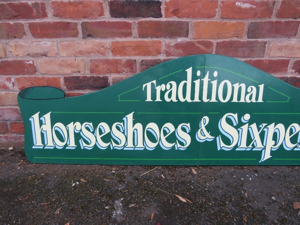 A MODERN FOLDING PAINTED WOOD FAIRGROUND SIGN, inscribed 'Traditional, Horseshoes and Sixpences', - Image 3 of 7