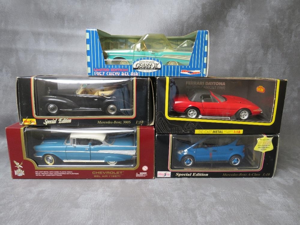 FIVE BOXED 1:18 SCALE DIE CAST CARS, to include Road Legends 1957 Chevrolet Bel Air, Maiston 1997