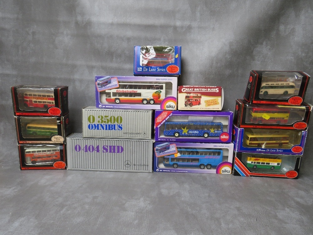 FOURTEEN BOXED BUSES / COACHES, two Mercedes coaches 04045HD and 03500, three Siku coaches all 1:
