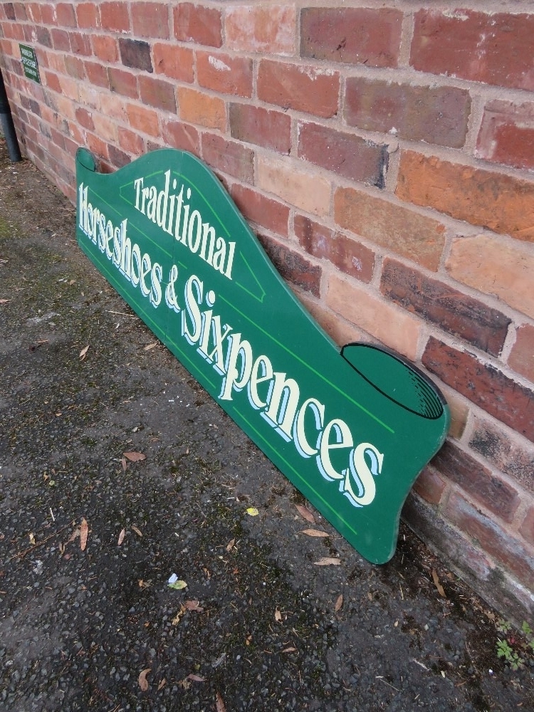A MODERN FOLDING PAINTED WOOD FAIRGROUND SIGN, inscribed 'Traditional, Horseshoes and Sixpences', - Image 4 of 7