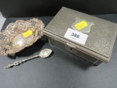 A hallmarked silver pierced Bon Bon dish together with a desk box and a spoon (3)